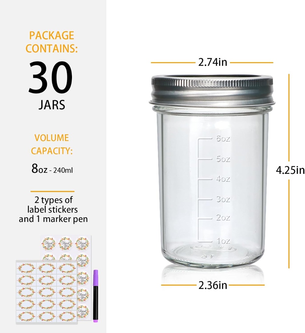 30 Pack 8 oz Mason Jars with L - Mason Jar 8Oz incelemesi ve fiyatı