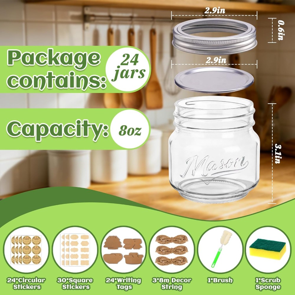 8 oz Mason Jars with Lids, 24  - Mason Jar 8Oz incelemesi ve fiyatı